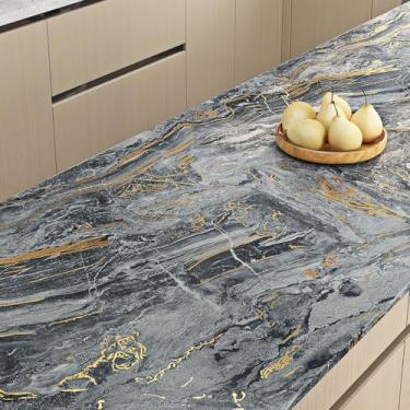 Imagem de Livelynine Papel de parede de mármore grosso 15,8 x 197 descasque e cole papel de contato dourado e preto para bancadas à prova d'água cobertura autoadesiva para locatário capas de bancada de vinil de