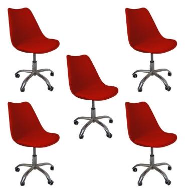 Imagem de Kit 5 Cadeiras Office Base Cromada Com Rodizio Giratória Saarinen Vermelho