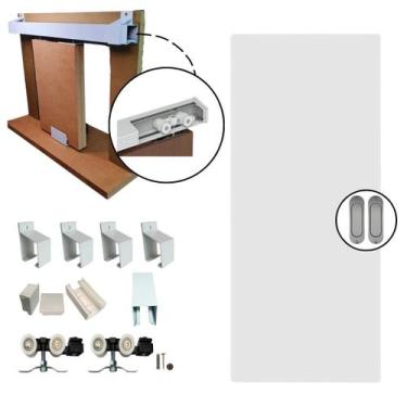 Imagem de Kit Porta Madeira 0,80x2,10m Primer + Trilho Correr 1,60m Branco + Bri