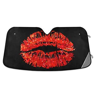 Imagem de Oarencol Pára-brisa de carro com glitter dourado com lábios vermelhos feminino, protetor de viseira de raios UV dobrável para manter seu veículo fresco (139,7 cm x 70,1 cm)