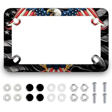 Imagem de Moldura de placa de licença de motocicleta bandeira americana águia aço inoxidável metal patriótico Eagle Tag Holder 4 furos masculino feminino acessório de motocicleta à prova d'água com parafusos