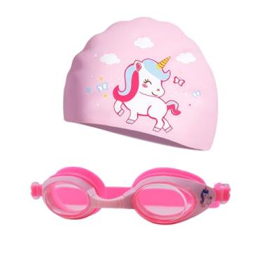 Imagem de Touca de natação infantil fofa de desenho animado com conjunto de óculos de natação de silicone antiembaçamento para mergulho equipamento de natação profissional para meninos e meninas