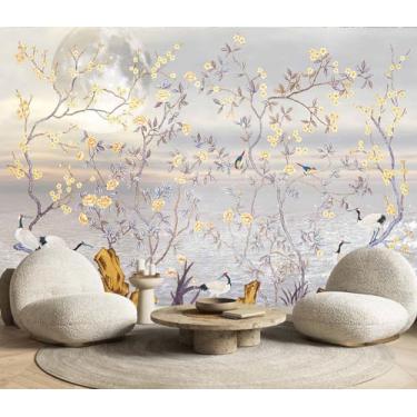 Imagem de Papel de parede de ilustração floral retrô estilo chinês, mural de parede de fundo sem costura com pássaros e flores, decorações de parede de fundo grande