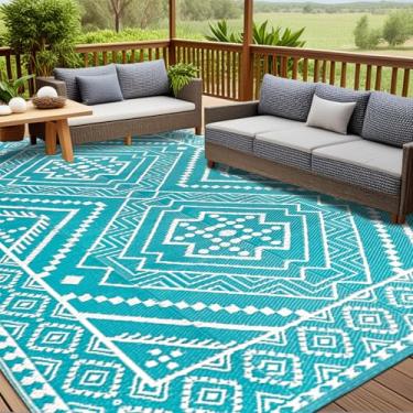 Imagem de Tapete externo para pátio, 22,5 x 30,5 cm, reversível, de plástico, impermeável, para trailer, acampamento, varanda, deck de piscina, quintal, praia, trailer, decoração de tenda, azul-petróleo