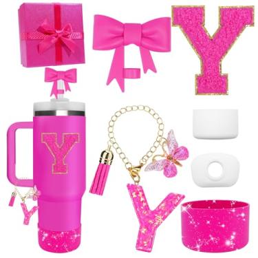 Imagem de Miglaja Acessórios pretos para copos Stanley 850.5 g 1,134.0 g, todos os acessórios caixa de presente contêm topo de palha de flor, bota de silicone, adesivos de letras e pingentes, conjunto de tampa