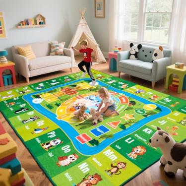 Imagem de junhejiamei Tapete ABC de 2,5 m x 25,4 m, tapete infantil para sala de jogos, sala de aula, tapete educacional para brincar com números e formas de animais do alfabeto, (20 x 3 metros)
