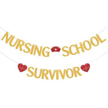 Imagem de Faixa de sobrevivente da escola de enfermagem - Decorações de graduação de enfermeira, placa de congrats Nurse Bunting, decorações de formatura da escola médica, ouro vermelho glitter