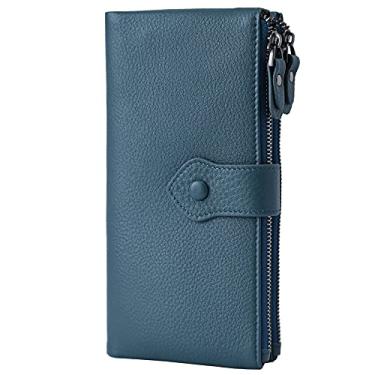 Imagem de Carteira feminina de couro macio com bloqueio de RFID, duas dobras, porta-cartão de crédito com bolso duplo com zíper, Azul, Medium