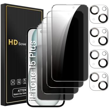 Imagem de Romkasi Pacote com 4 protetores de tela de privacidade para iPhone 15 Plus de 6,7 polegadas com 4 protetores de lente de câmera, película de vidro temperado antiespião, antiarranhões, sensível ao