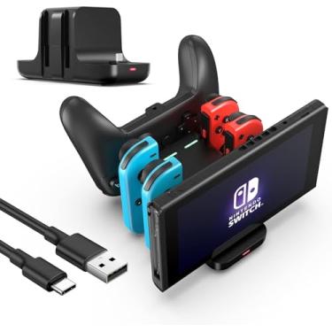 Imagem de Base de carregamento para Nintendo Switch, OLED e Lite, estação de carregamento preta 6 em 1 para Joycon e Pro Controller, com indicador LED e cabo de carregamento tipo C