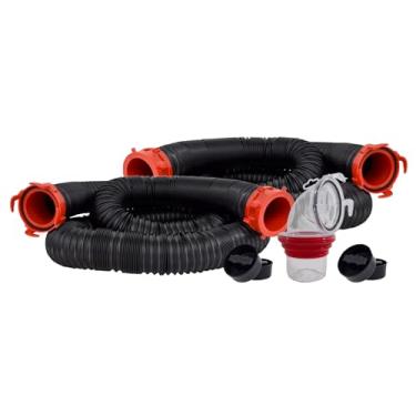 Imagem de Valterra Kit de mangueira de esgoto RV Dominator de 6,8 m, mangueira de esgoto para trailer, inclui 2 mangueiras fixáveis de 3,5 m com conexões rotativas, adaptador de esgoto Clearview de 90 graus e 4 tampas de gotejamento