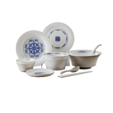 Imagem de Utensílios de mesa redondos de cerâmica domésticos simples e delicados duráveis em relevo azul e branco - conjunto de 14 peças para 2 pessoas