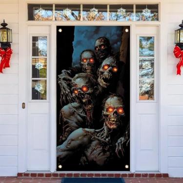 Imagem de Starlit Patio Capa de porta de Halloween 188 x 89 cm Faixa assustadora de zumbi espiando faixa assustadora cortina de porta da frente assustadora decoração de terror casa assombrada adereço de porta