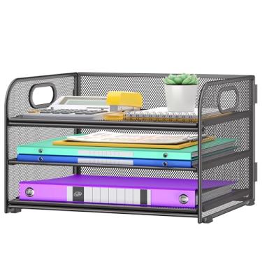 Imagem de Cawukege Organizador de papel de 3 camadas com alça, organizador de mesa de metal, bandeja de papel de malha, pasta de arquivos, classificador de documentos para sala de aula, escola, acessórios de
