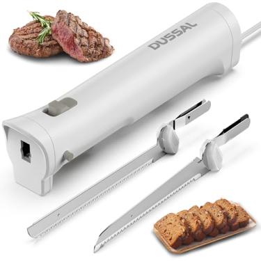 Imagem de D DUSSAL Faca Elétrica Dussal, 4 Lâminas De Aço Inoxidável Para Trinchar, Trava Segurança, Botões Liberação Da Lâmina, Botão Liga/Desliga, Carnes, Aves, Pão, Queijo E Muito Mais (Branca)