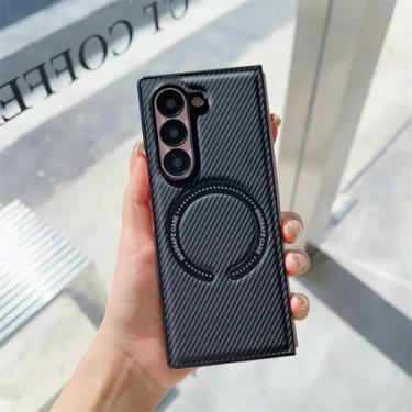 Imagem de Capa de couro em fibra de carbono com carregamento sem fio magnético para Samsung Galaxy Z Fold6 (para Samsung Galaxy Z Fold6/preto)