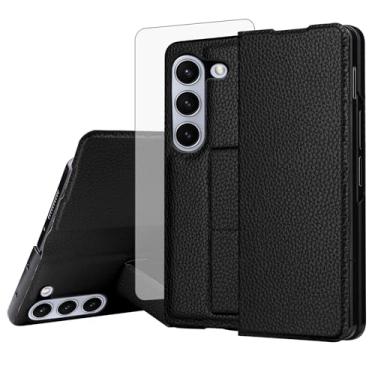 Imagem de Furiet Capa de celular para Samsung Galaxy Z Fold 6 5G 2024 com protetor de tela de vidro temperado, alça de pulso integrada, antiderrapante, fina, couro PU, suporte à prova de choque para ZFold6 Z6 G