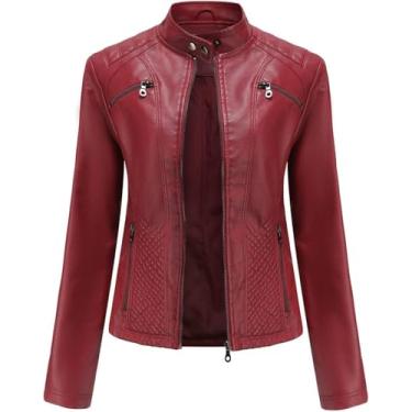 Imagem de Mulheres Preto Couro Falso Jaqueta De Motociclista Elegante Gola Zip Up Couro Pu Moto Casaco Casual Mangas Longas Clássico Slim Fit, Burgundy, L(XS)