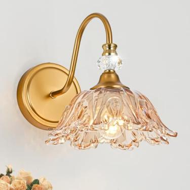 Imagem de sunkryster 1 arandela de parede vintage com sombra de vidro âmbar floral, arandela de parede com acabamento em latão fosco para banheiro, luminária vintage para banheiro