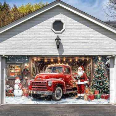 Imagem de Capa de banner de porta de garagem de Natal 40,6 x 1,8 m decoração vintage caminhão vermelho Papai Noel boneco de neve árvore feriado porta de garagem pano de fundo para Natal, férias, inverno, ano