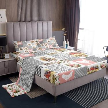 Imagem de Homewish Jogo de lençol Queen Queen com estampa de galinha e vaca highland para crianças e adultos, lençol com elástico, lençol com elástico, 2 fronhas