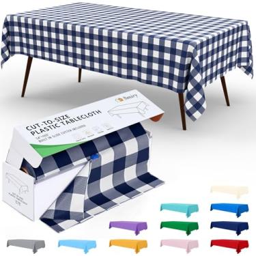 Imagem de Smiry Rolo de mesa descartável de 137 x 30 metros, toalha de mesa de plástico azul marinho e branco em caixa cortada no tamanho com cortador deslizante, toalhas de mesa retangulares impermeáveis para