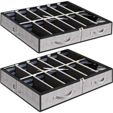 Imagem de Anyoneer Armazenamento de sapatos embaixo da cama - paredes laterais resistentes - divisores ajustáveis - alça reforçada - zíper resistente - cabe em 24 pares de tecido total com estrutura de painel de plástico e parte inferior - 2 pacotes - 30 x 24 x 15 polegadas (cinza)