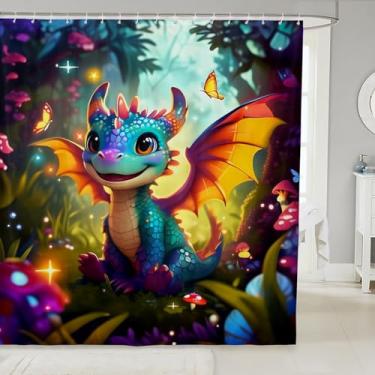 Imagem de Cortina de banheiro de desenho animado dragão de bolinhas cogumelo bonito dragão ocidental porta celeiro cortina impermeável para decoração de quarto de crianças fantasia selva borboleta cortina de