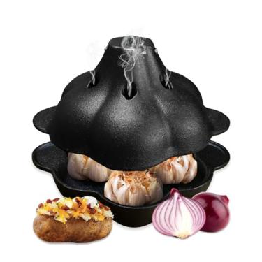 Imagem de Pinra Panela de forno holandês de ferro fundido pré-temperado, assadeira de batata e alho, panela de batata assada com alho para forno de cozinha ou churrasqueira ao ar livre, panela de ramekin de