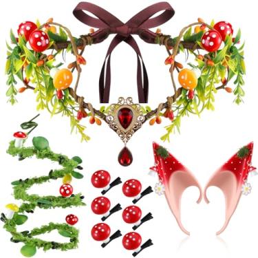 Imagem de Huquary Conjunto de 9 peças para cosplay de elfo de Halloween, acessório de cogumelo renascentista, inclui coroa de cogumelo de fada, orelhas de elfo da floresta com envoltório de braço e 6 grampos de