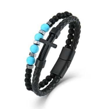Imagem de FYNSBLE Pulseira masculina preta cruzada, cruz cristã, olho de tigre natural, turquesa, lápis-lazúli/obsidiana cinza, pulseira de couro trançado para homens, pai, com fecho de aço inoxidável, 8.66 IN
