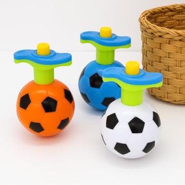 Imagem de Kit 3 Pião Bola de Futebol com Lançador Musical e LED | Brinquedo Infantil Gira 360° Colorido