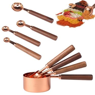 Imagem de O conjunto de 8 peças de copos e colheres de medição inclui 4 copos de aço inoxidável e 4 mini colheres empilháveis com cabo de madeira colher de sopa precisa para medir ingredientes secos e líquidos