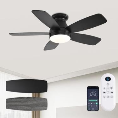Imagem de JSAITEE Ventiladores de teto com luzes, ventilador de teto de perfil baixo de 106 cm com luz e controle remoto/aplicativo, montagem embutida, reversível, 3 CCT, regulável, sem ruído, ventilador de