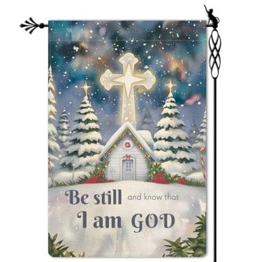 Imagem de Jauageon Be Still and Know that I am God Bandeira de jardim Noite de Natal Bandeira de jardim Natividade Cruz vertical dupla face rústica terra agrícola serapilheira jardim gramado decoração ao ar