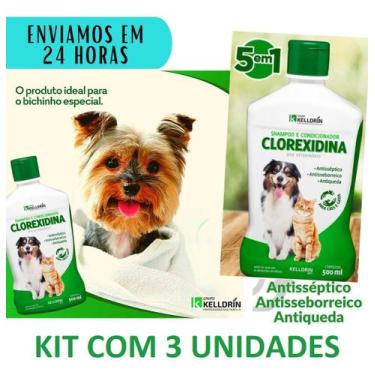 Imagem de Kit 3 Shampoo e Condicionador Clorexidina Kelldrin Carrapato Piolho Pu