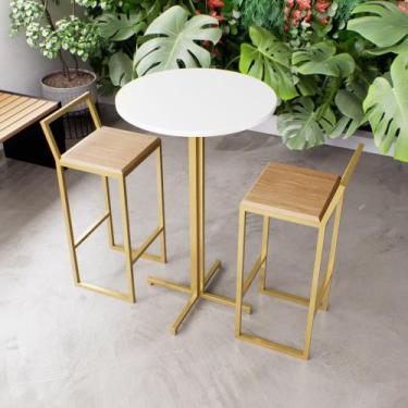 Imagem de Jogo Mesa Alta Bistrô Redonda Branca 2 Banquetas Pinus Confort Industr