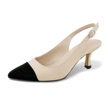 Imagem de UMECOOL Salto gatinho Slingback feminino bico fino salto baixo 6,9 cm salto gatinho feminino sapato social sem cadarço com alça de fivela para namoro festa de trabalho, Damasco preto, 36