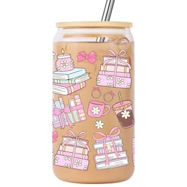 Imagem de Lovearth Coquette Copo de vidro com tema de livro com tampa e canudo, copo de café gelado feminino Bookish 473 ml, Natal fofo, aniversário, presentes de leitura na moda para amantes de livros, meninas