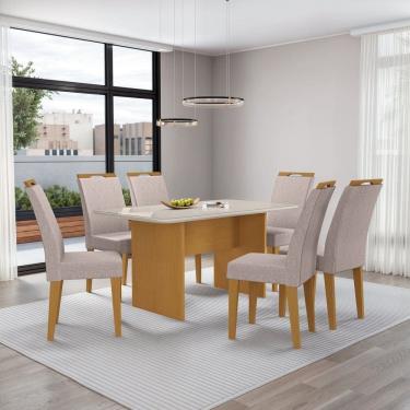 Imagem de Mesa Cairo 160x90cm Tampo Mdf e Vidro com 6 Cadeiras Evora Nature/Bege/Off White