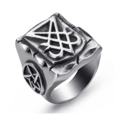 Imagem de ELFASIO Anel de aço inoxidável para homens, batismo satânico, cabra, Satanás, demônio, diabo, Leviatã, cruz, pentagrama, símbolo, joia vintage, Metal, Sem pedra preciosa