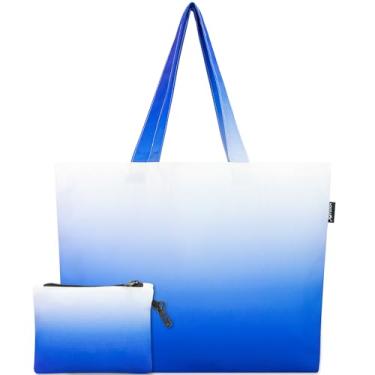 Imagem de HOLYLUCK Bolsa de compras - Bolsa de ombro reutilizável dobrável com uma pequena bolsa removível para mulheres Lady Daily Essentials - biue gradiente
