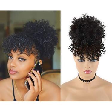 Imagem de CINHOO Coque de cabelo afro alto com cordão de rabo de cavalo com franja sintético curto Kinkys cacheado abacaxi rabo de cavalo prendedor em extensões de cabelo para mulheres afro-americanas (preto)