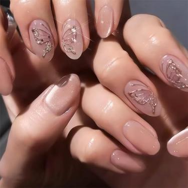 Imagem de RTKHFZE Unhas postiças ovais de pressão média com design de borboleta unhas postiças nude glitter cobertura completa olhos de gato unhas de férias pressionadas