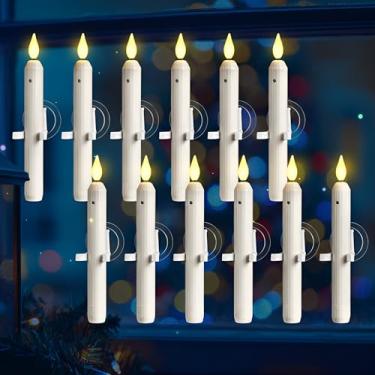 Imagem de Yungyan Conjunto de 12 velas de janela de Natal com sensor do anoitecer ao amanhecer, velas afuniladas sem chamas listradas marfim com ventosas, coluna romana, castiçais de LED operados por bateria