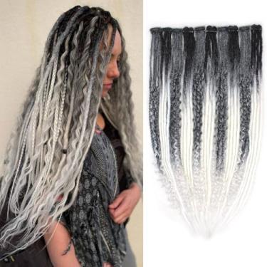 Imagem de Pouweney 10 peças de extensões de dreadlock com clipe completo, extensões sintéticas de 61 cm feitas à mão (cinza/branco, 40 fios)