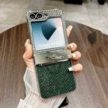 Imagem de Capa com suporte de anel de dedo com diamante brilhante para Samsung Galaxy Z Flip 6 Flip5, capa de couro luxuosa com dobradiça, verde, para Samsung Z Flip 6