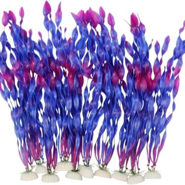 Imagem de YIBIKEHO Plantas artificiais de aquário, decorações de aquário de plástico verde, plantas aquáticas de 30 cm de altura com base estável, pacote com 10, seguro para peixes (roxo)