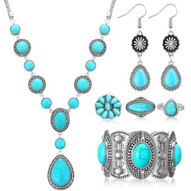 Imagem de Ecally Conjunto boêmio de joias ocidentais turquesa feminino pingente boêmio longo gargantilha em camadas brincos anel para mulheres, one size, liga metálica, turquesa, couro artificial, Sem Pedra