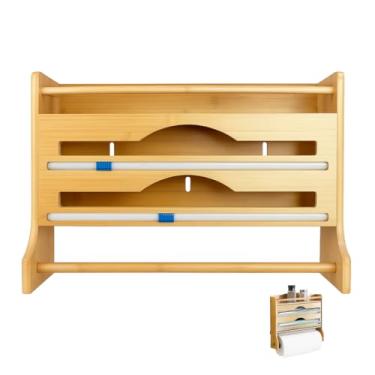 Imagem de Suporte Organizador de Parede Bambu para Cozinha com Cortador Embutido | Porta Papel Toalha, Alumínio, PVC | Prateleira para Temperos | Ideal para Organização Doméstica